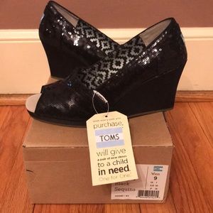 TOMS Black Sequin Peep-Toe Wedges